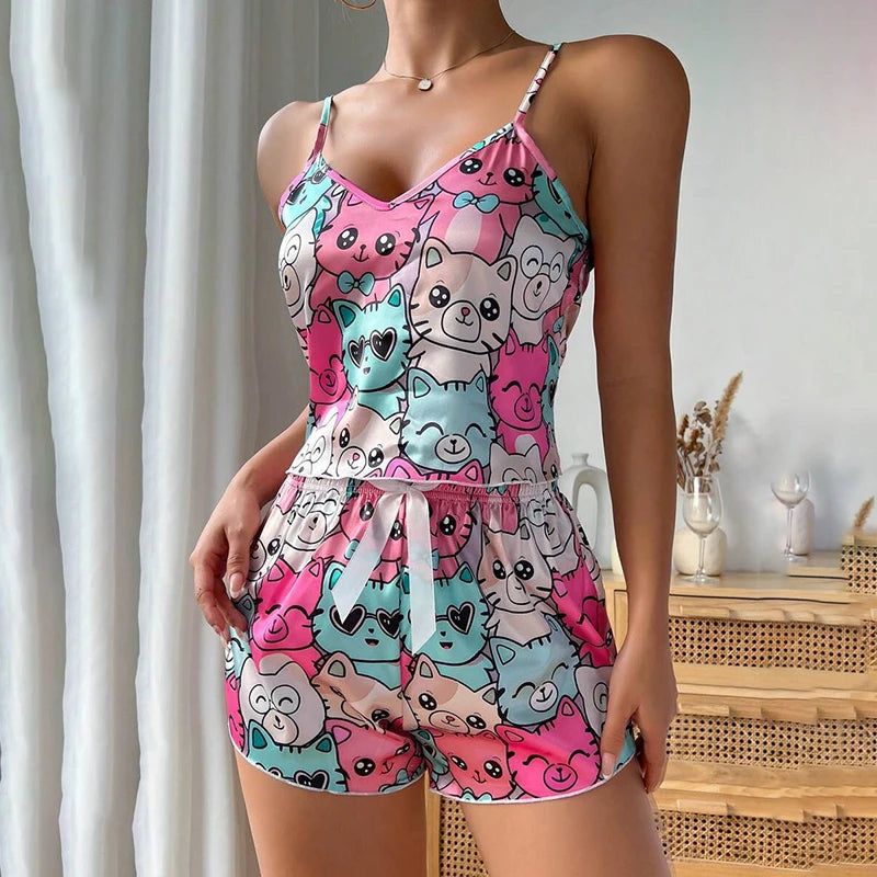 Conjunto de pijama de cetim com estampa de coração para mulheres sexy decote em v pijamas verão cami tops e shorts pijamas 2 peças roupas de casa