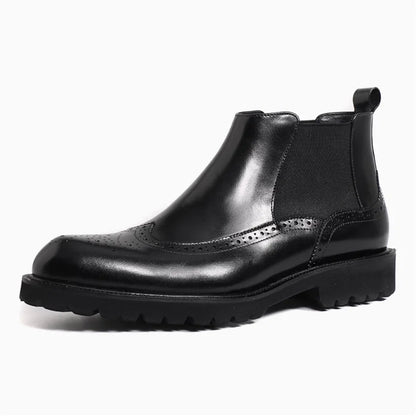 Botas Chelsea de couro genuíno masculino outono inverno bico fino brilhante brogue sapatos curtos estilo britânico