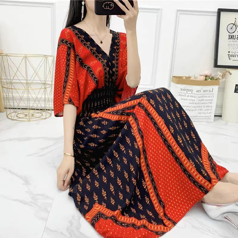 Flor colorida com decote em v elástico jovem boêmio doce midi vestido mulher roupas chique moda vestidos de verão 2025 grande balanço esqui