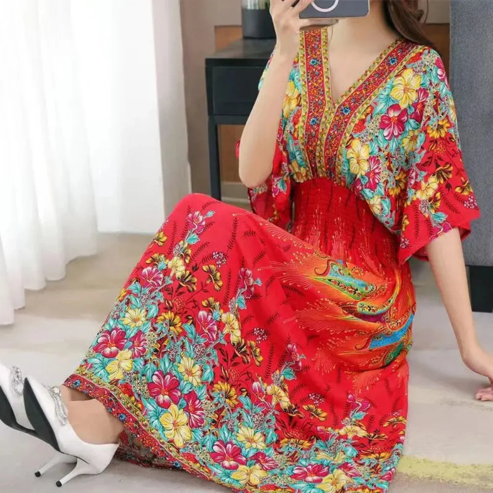 Flor colorida com decote em v elástico jovem boêmio doce midi vestido mulher roupas chique moda vestidos de verão 2025 grande balanço esqui