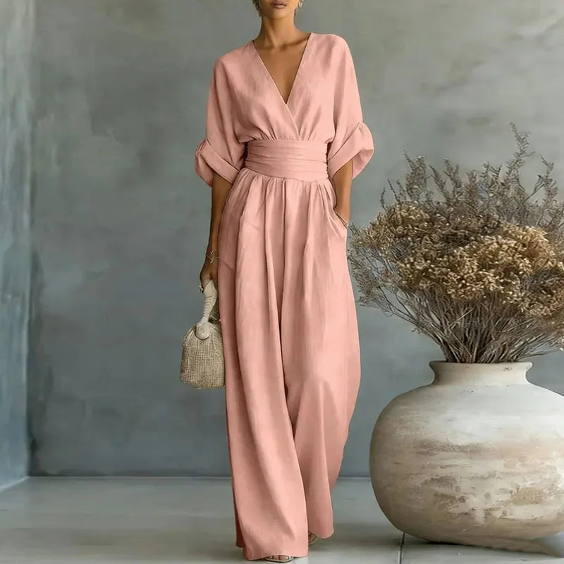 2026 Deep V Neck Women's Jumpsuits Elegant Solid High Waist Rompers Casual Wide Leg Pants Pocket Overalls Vacation Outfit Loose