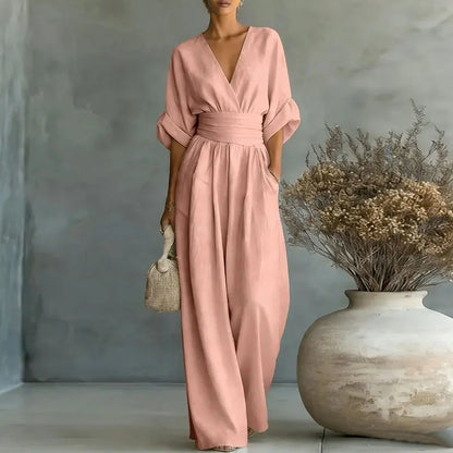 2026 Deep V Neck Women's Jumpsuits Elegant Solid High Waist Rompers Casual Wide Leg Pants Pocket Overalls Vacation Outfit Loose