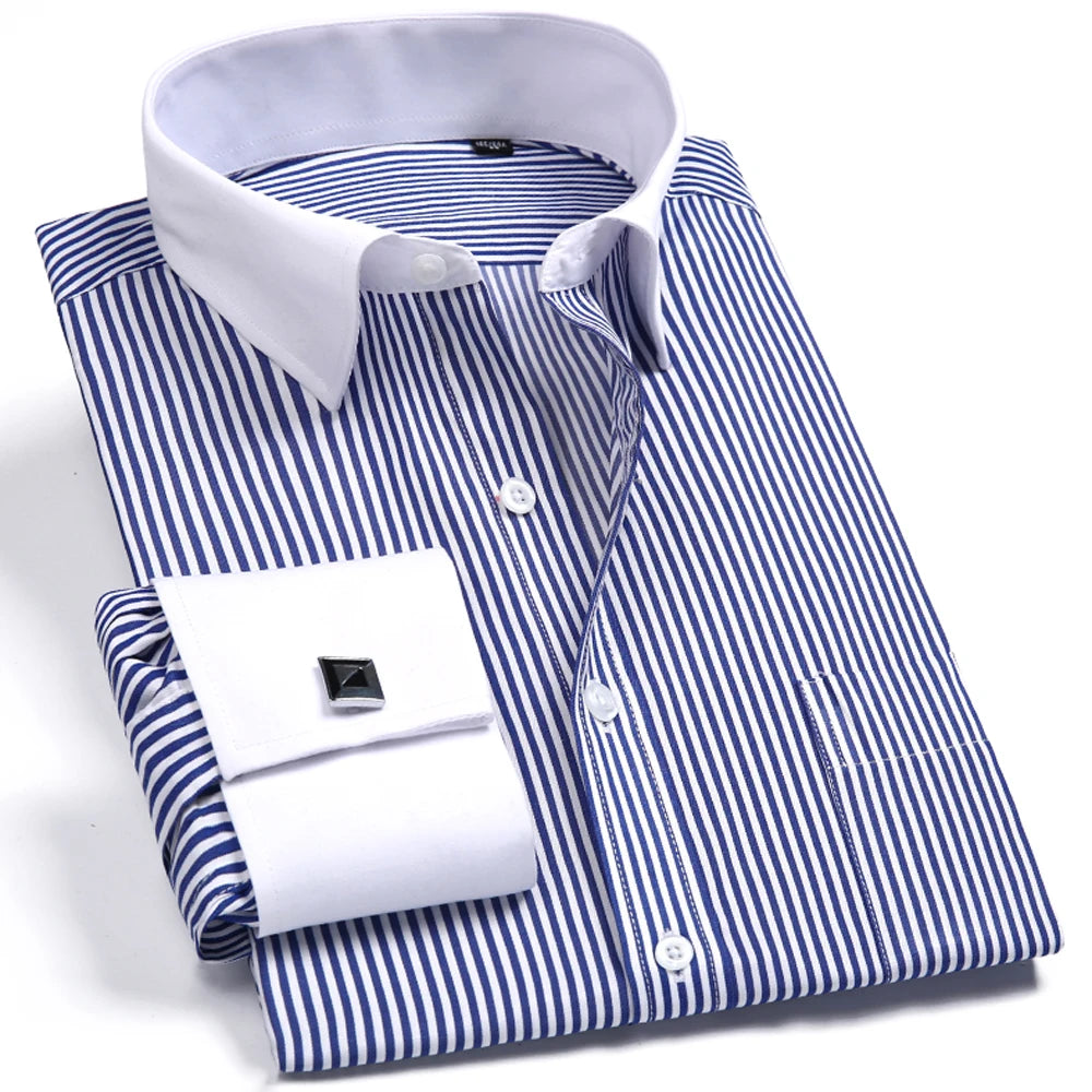 Camisa masculina com gola espalhada, punho francês, manga comprida, botões formais de negócios, camisas de casamento masculinas, ajuste regular, camisa com abotoaduras
