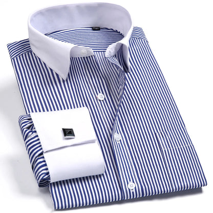 Camisa masculina com gola espalhada, punho francês, manga comprida, botões formais de negócios, camisas de casamento masculinas, ajuste regular, camisa com abotoaduras