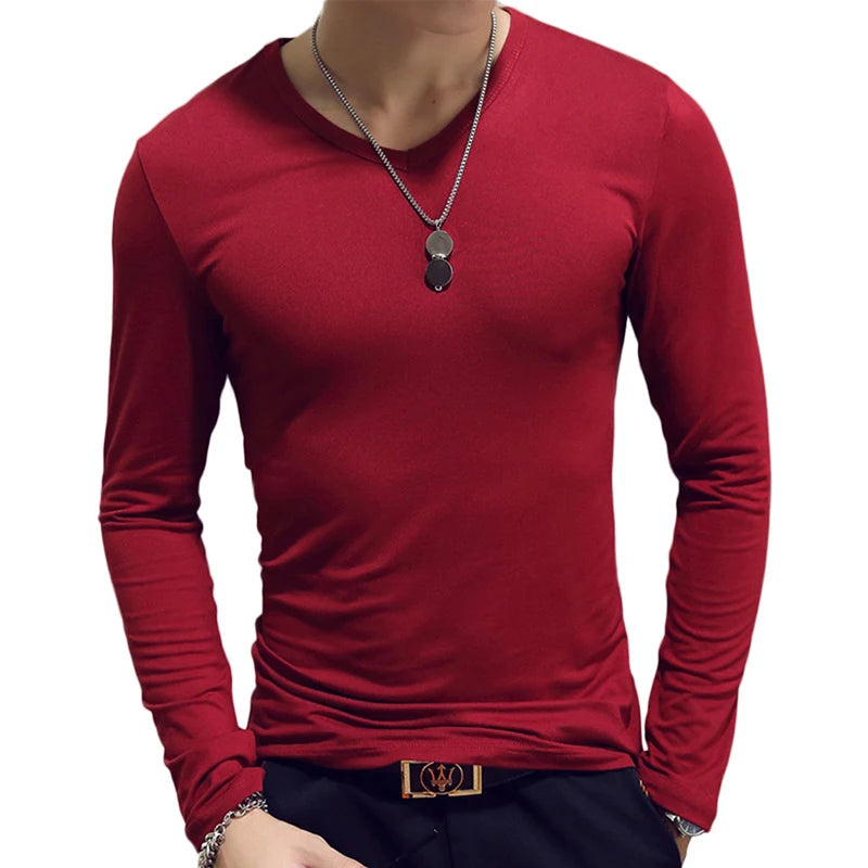 Camiseta masculina de manga comprida com estampa "Cultive a Moralidade" para a Primavera e o Outono, gola redonda, em poliéster liso, nas cores vermelho, azul e preto.