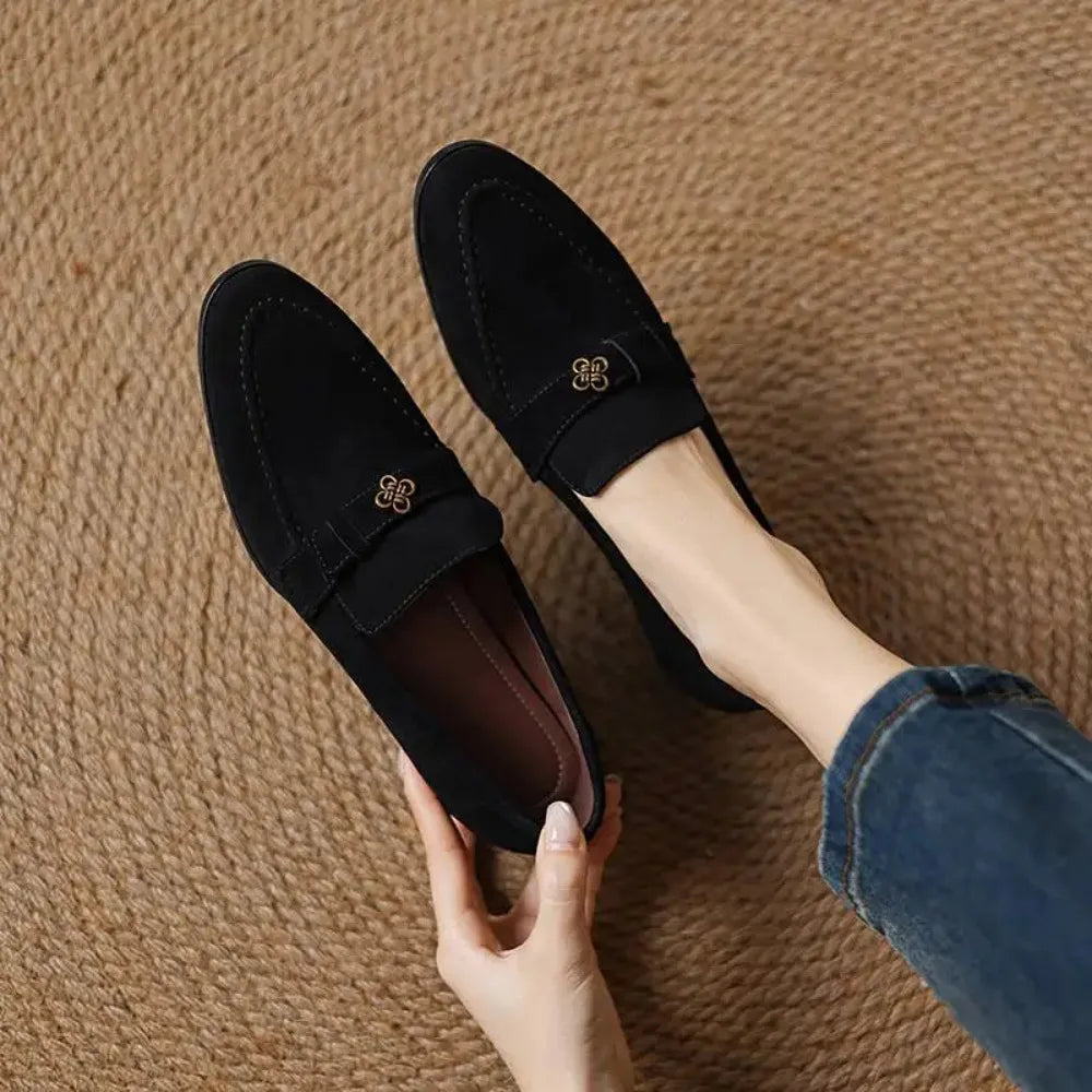 Sapatos Femininos Elegantes de Camurça de Carneiro para Primavera, com Salto Grosso, Estilo Oxford, Slip-On, Casual de Negócios, com Flores Metálicas, Loafers e Scarpins
