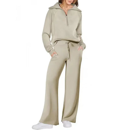 Conjunto de Moletom Feminino de 2 Peças: Blusão Forrado com Fleece Macio e Calça Fluida para Corrida ao Ar Livre e Viagens
