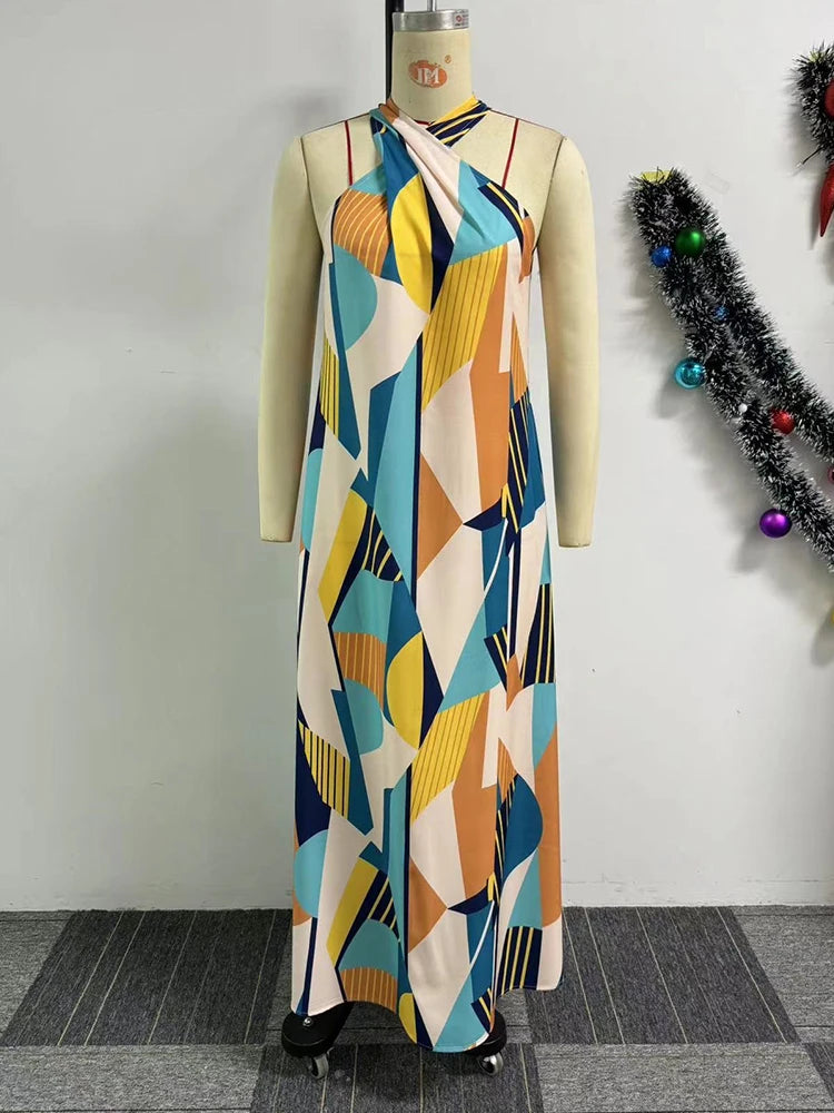 Vestido reto feminino elegante e sexy, sem mangas, longo, estampado, para praia, com decote halter, ideal para o verão. Atacado e dropshipping.