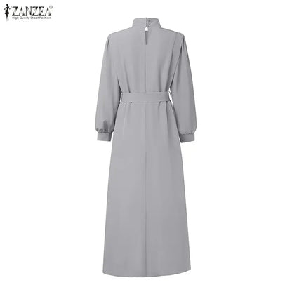 Women's Elegant Chic Maxi Dresses Turtleneck Lantern Sleeves Belted High Waist Pleated Long Dress ZANZEA Korean Style Robe Femme