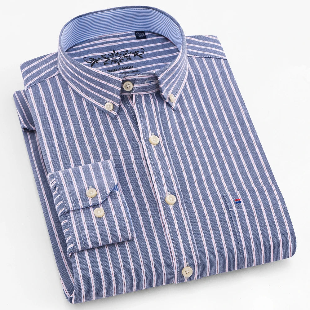 Camisa masculina de manga comprida oxford com botão no peito esquerdo confortável outono inverno ajuste regular casual versátil moda