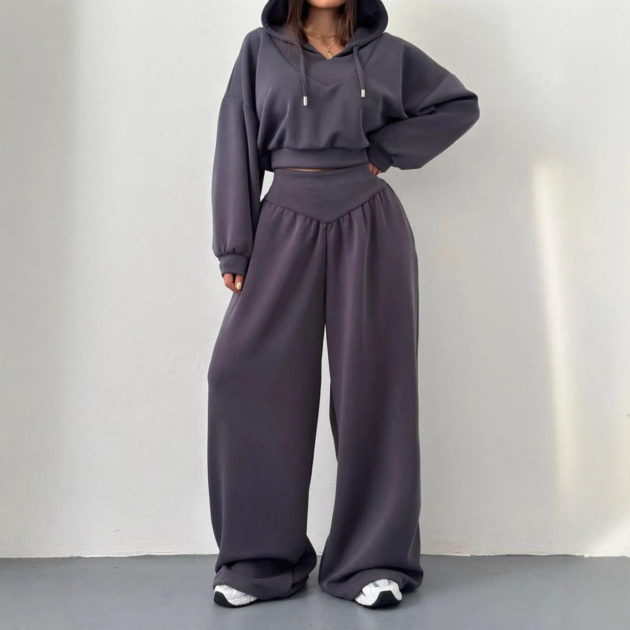 Conjuntos de Calças Casuais para Mulheres, Estilo Esportivo, Moletom Curto com Capuz, Calças de Cintura Alta, Conjunto de Duas Peças, Moda de Rua Feminina