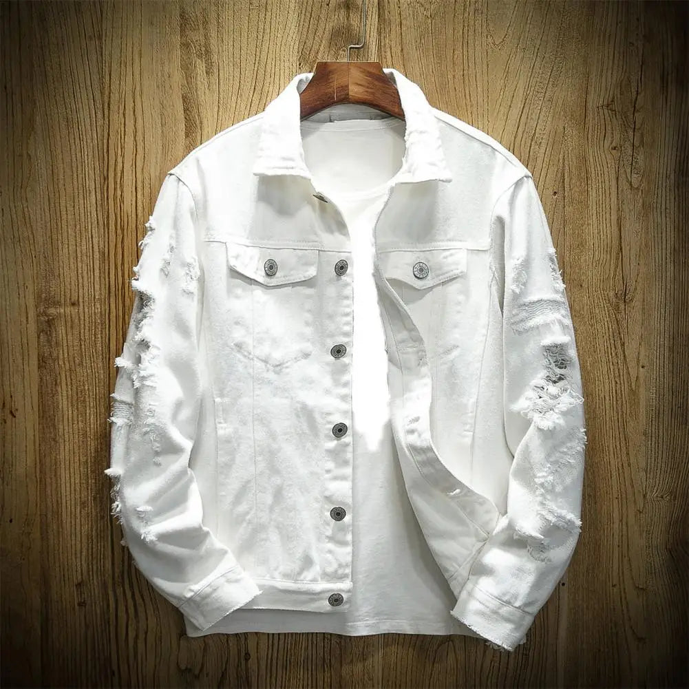 Rasgado buraco jean jaquetas masculinas outerwear casacos jeans quentes gola aberta botões soltos jaquetas jeans cor sólida casaco jeans