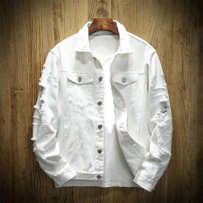Rasgado buraco jean jaquetas masculinas outerwear casacos jeans quentes gola aberta botões soltos jaquetas jeans cor sólida casaco jeans