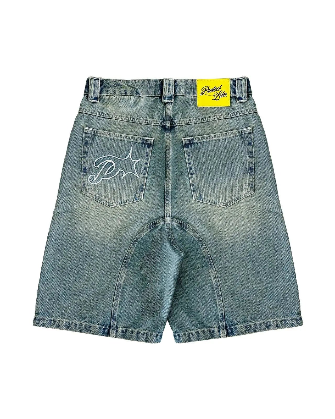 Vintage y2k homens mulheres harajuku calças de brim curtas lavadas bordado americano retro homem denim shorts verão solto hip hop streetwear