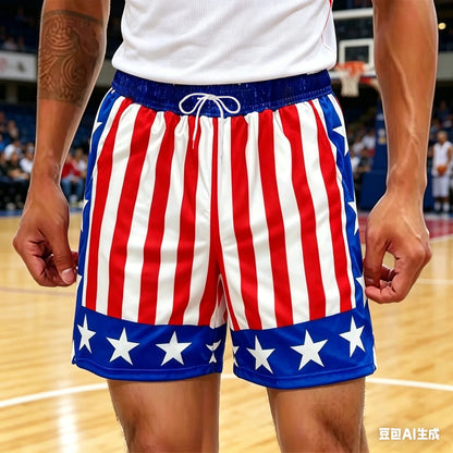 Shorts Estampados com Estrelas Vermelhas, Brancas e Azuis, Shorts Patrióticos, Estilo Americano, Shorts de Verão Oversized para Uso Diário