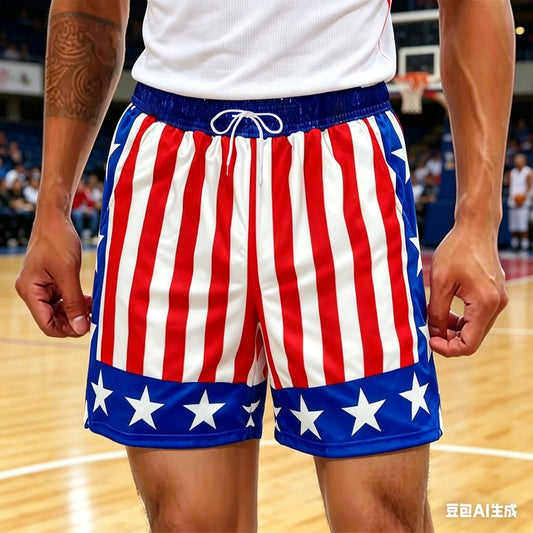 Shorts Estampados com Estrelas Vermelhas, Brancas e Azuis, Shorts Patrióticos, Estilo Americano, Shorts de Verão Oversized para Uso Diário