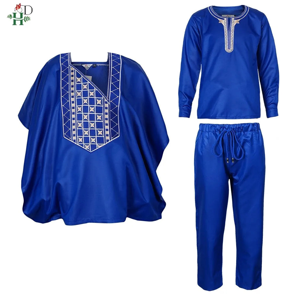 H & d africano crianças roupas tradicionais ancara dashiki para 2-10 anos meninos 3 pçs bordado thobe moda bazin azul kaftan 2025