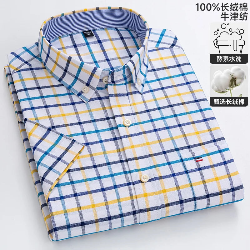100% algodão puro oxford camisas masculinas manga curta xadrez macio regular ajuste formal vestido camisa blusa social roupas masculinas 6xl 7xl