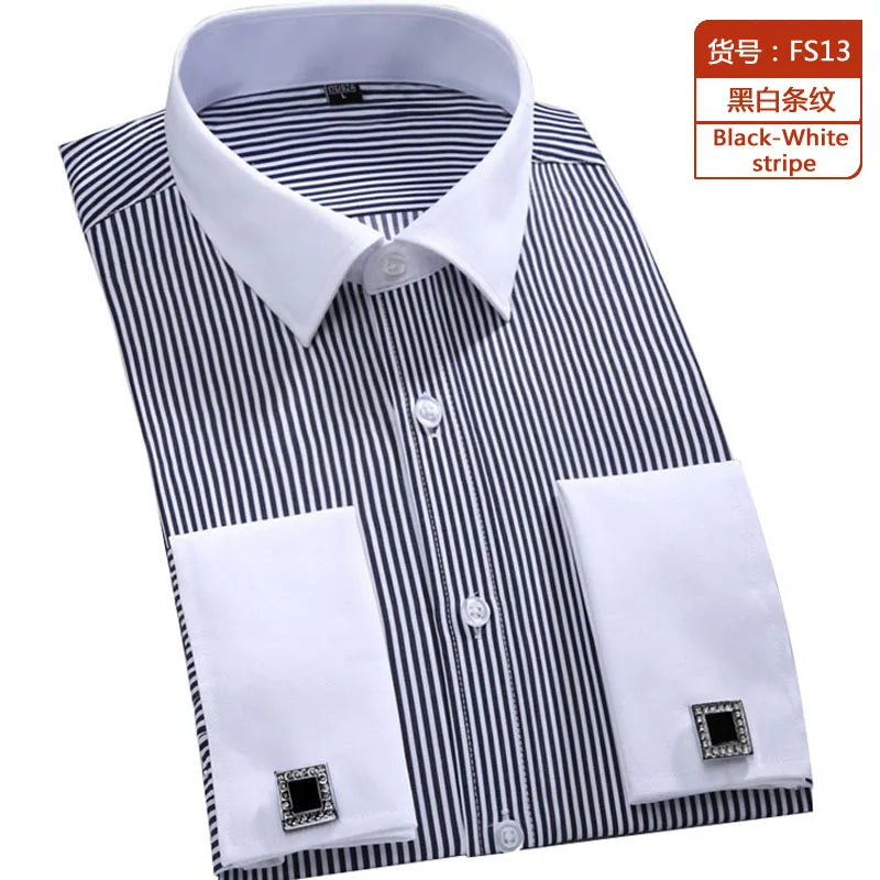 Camisa masculina clássica com punhos franceses, camisa social formal de negócios, ajuste padrão, manga longa, festa de casamento, escritório, trabalho, camisas brancas