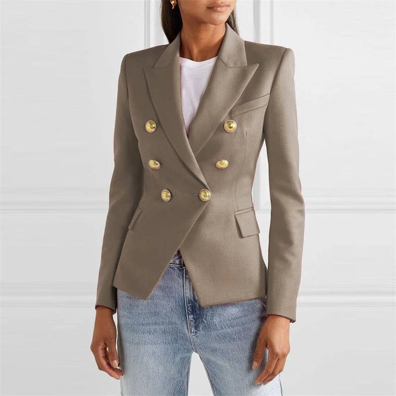 Blazer feminino de alfaiataria, modelo slim, estilo europeu/americano, para primavera/outono, com abotoamento duplo.