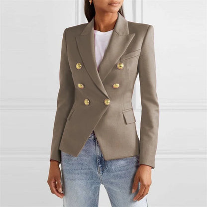Blazer feminino de alfaiataria, modelo slim, estilo europeu/americano, para primavera/outono, com abotoamento duplo.