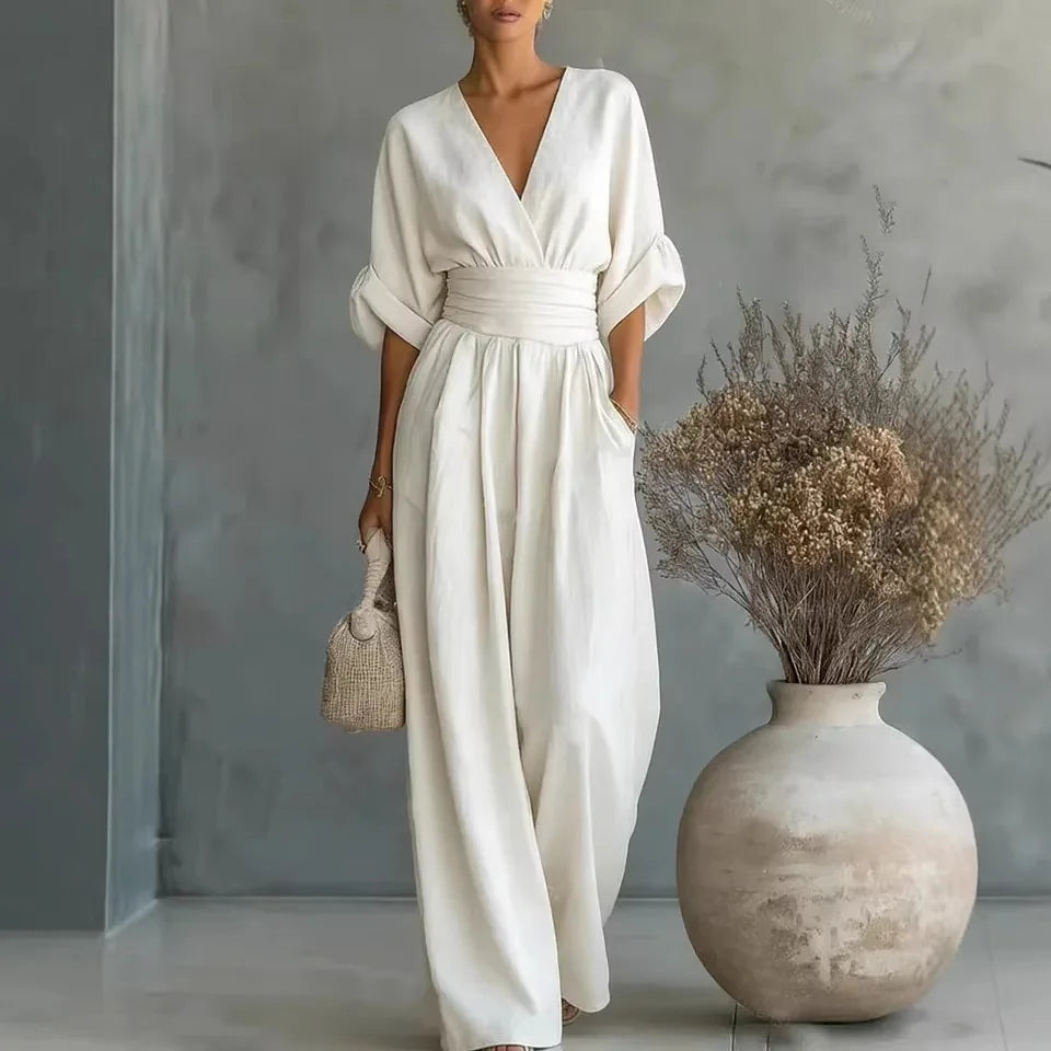 Sexy Deep V Neck Women's Jumpsuits Elegant High Waist Romper Casual Wide Leg Loose Pants Overalls Vacation Outfits MYQ-ZY7723