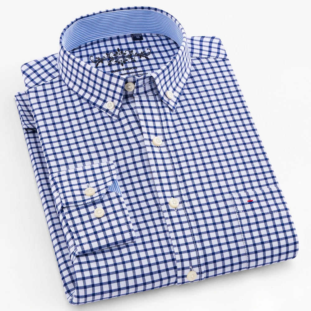 Camisa masculina de manga comprida oxford com botão no peito esquerdo confortável outono inverno ajuste regular casual versátil moda