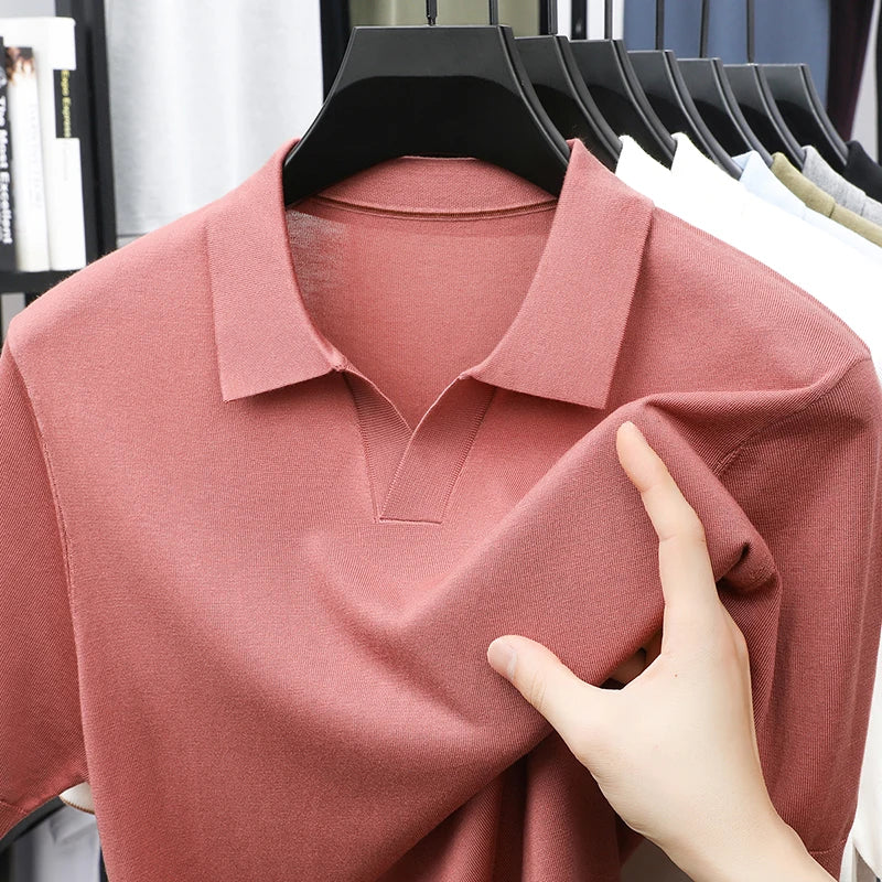100% Lyocell malhas 2025 homens primavera verão na moda turn down collar malha camisetas manga curta respirável malha topos