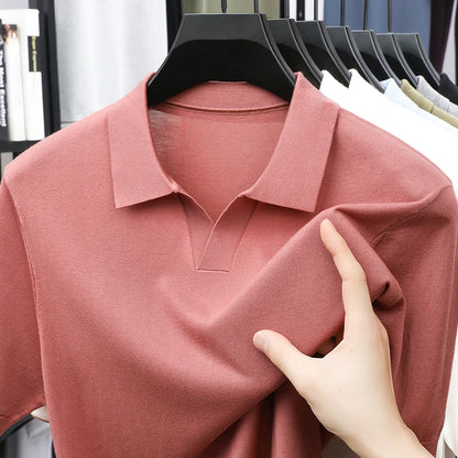 100% Lyocell malhas 2025 homens primavera verão na moda turn down collar malha camisetas manga curta respirável malha topos
