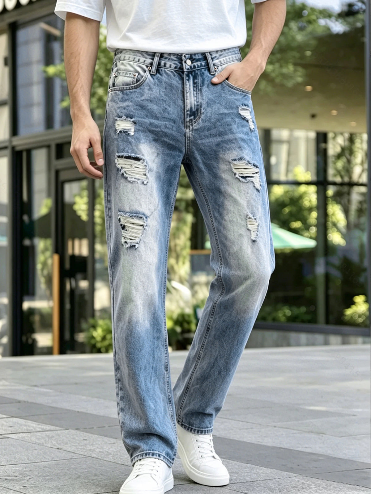 Calças Jeans Masculinas em Denim, Calças de Lavagem Clara com Rasgos, Jeans de Perna Reta