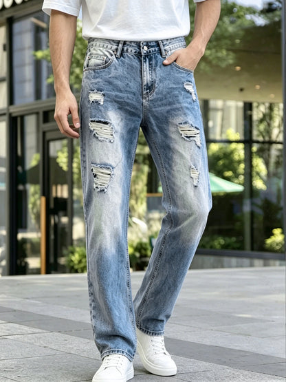 Calças Jeans Masculinas em Denim, Calças de Lavagem Clara com Rasgos, Jeans de Perna Reta
