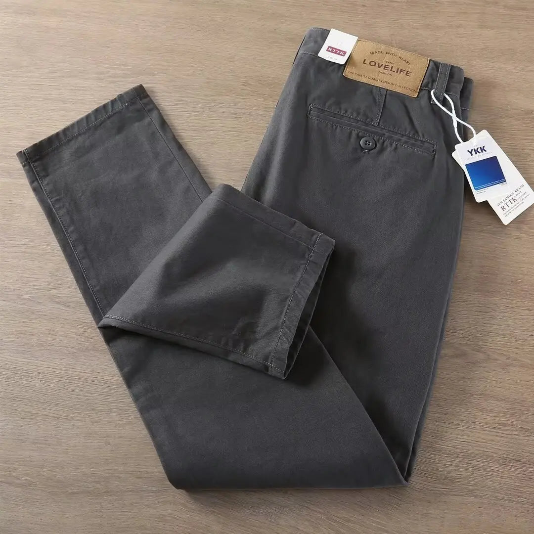 Novo 2026men primavera e outono retro conforto calças retas calças lavadas macacão 100% algodão moda solta calças casuais masculino