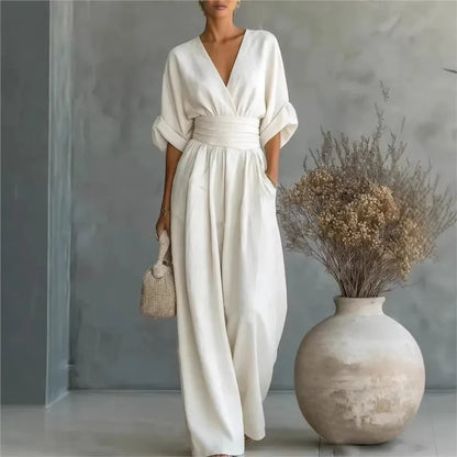 Waist V-neck Jumpsuit 2026 Spring And Summer New Style Fashionable And Elegant Women's Solid Color Mid-sleeve Wide-leg Jumpsuit