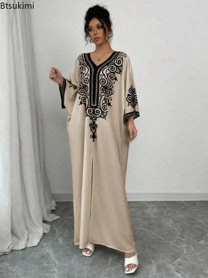 Vestidos Maxi Muçulmanos para Mulheres, Robe Solto com Decote em V, Jalabiya para Festas, Vestido Elegante para o Ramadã, Vestidos Longos, Kaftan Árabe Marroquino, Abayas