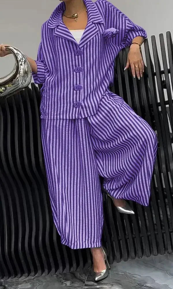 2025 Spring Fall Women's 2 Piece Set Suit Office Lady Floral Striped Loose Blazer Casual Wide Leg Pants Suits For Women Clothing