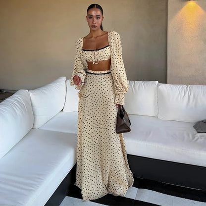 Conjunto Feminino de Saia Longa com Poás, Top Cropped de Renda com Decote Quadrado e Manga Bufante, Saias Godê de Cintura Alta - Terno Feminino de Verão 2026