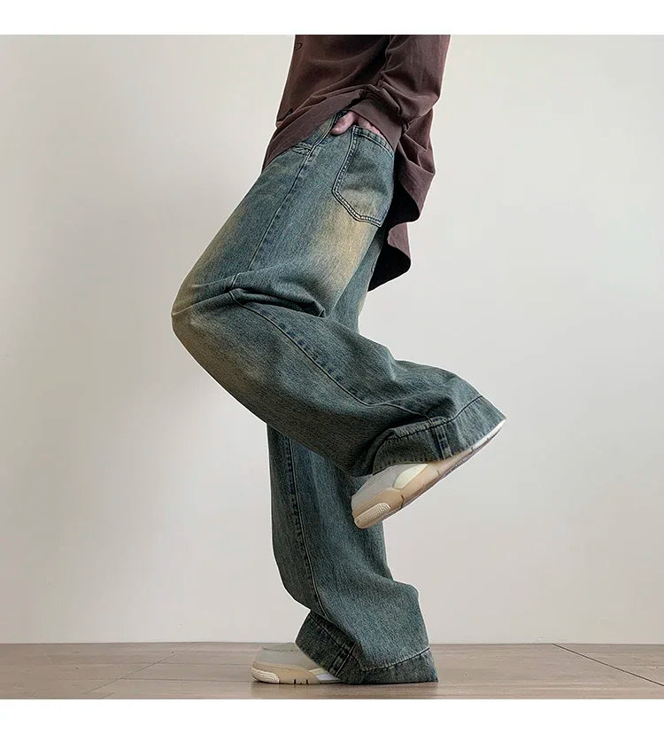 Retro lavado do velho jeans masculino outono americano solto calças retas casuais calças de perna larga high street