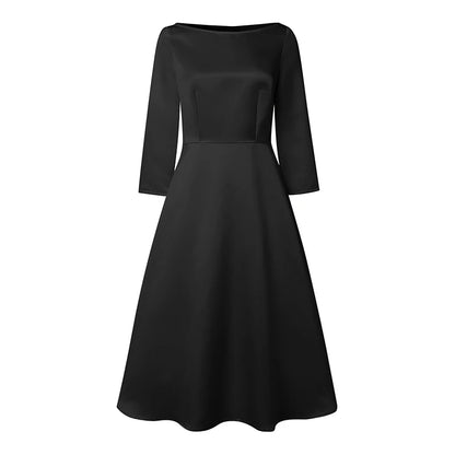 Vestidos Midi Elegantes de Cetim Preto ZANZEA para Mulheres, Decote Canoa, Manga 3/4, Vestido A-Line para Convidadas de Casamento