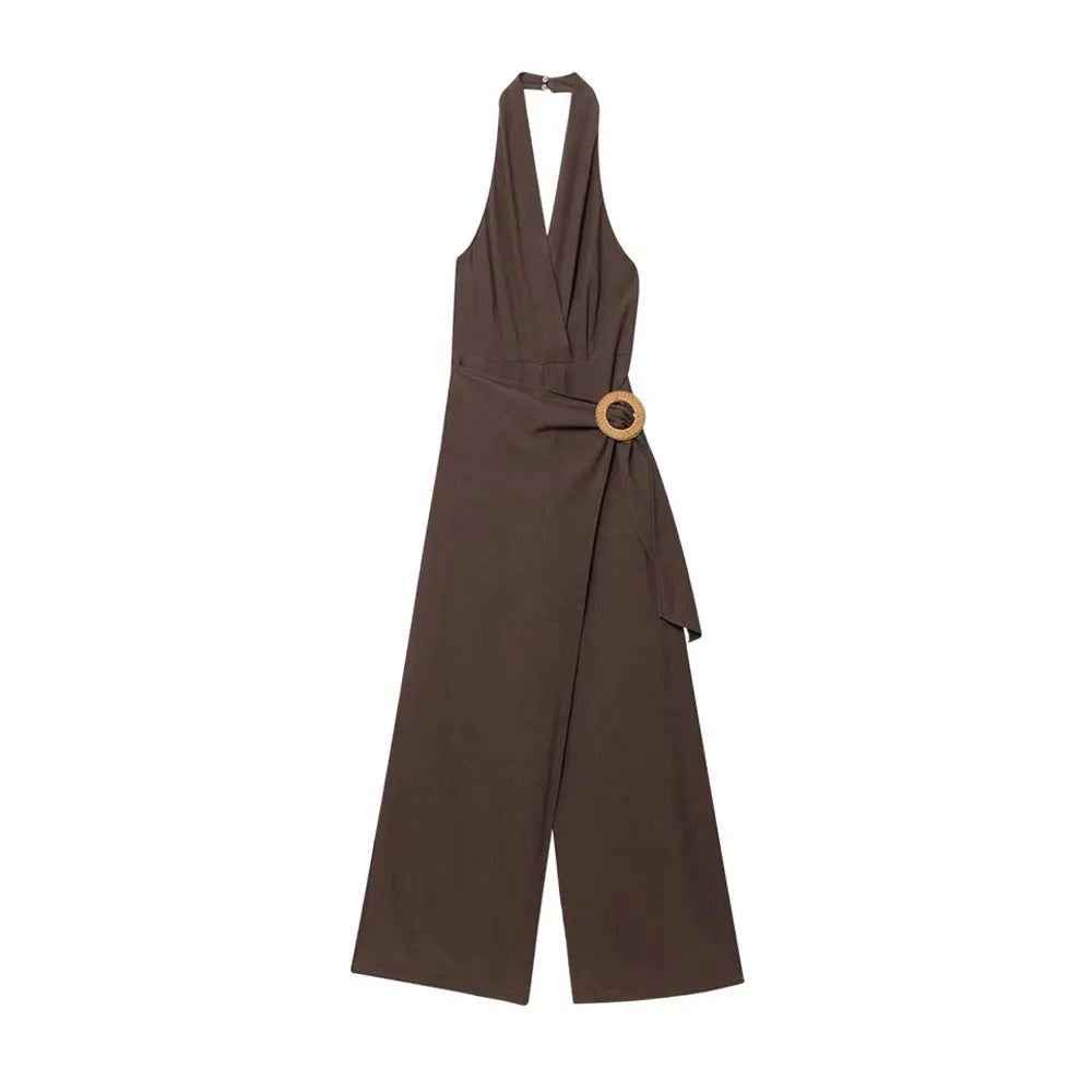 Moda feminina halter pescoço macacão sem costas zíper lateral playsuit fivela detalhe roupas femininas
