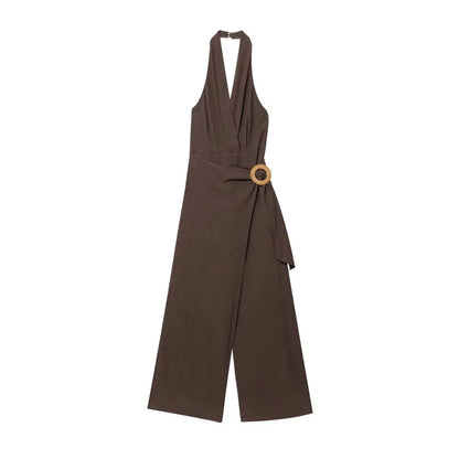 Moda feminina halter pescoço macacão sem costas zíper lateral playsuit fivela detalhe roupas femininas