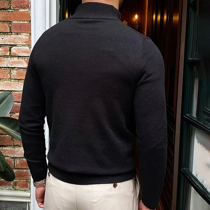 Suéter Masculino de Primavera e Outono com Zíper de Um Quarto, Ajuste Slim, Estilo Polo para Negócios, Gola Alta, Pulôver de Tricô
