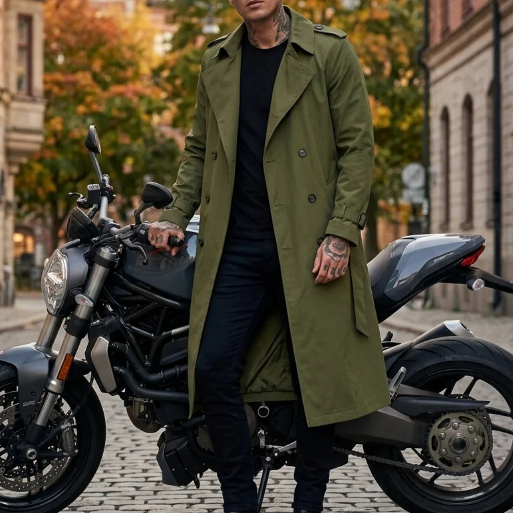 Casaco Masculino Fino de Outono, Estilo Trench Longo, com Cinto de Oferta, Extra Longo, Quebra-vento, Dragonas e Abotoamento Duplo, Vestuário Masculino Casual
