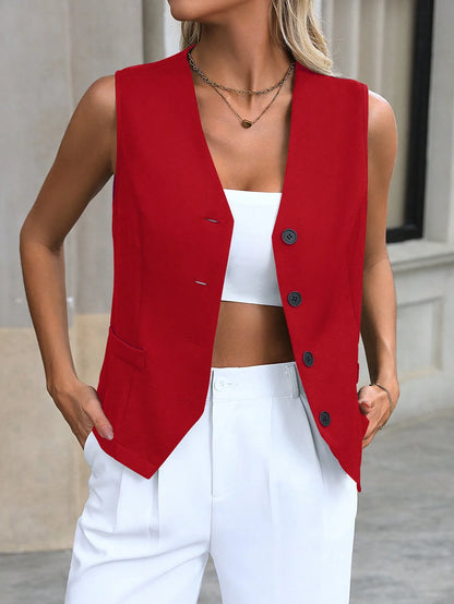 Colete Blazer Feminino Decote V Sem Mangas - Colete Formal de Botão Único com Bolsos para Escritório e Looks Casuais