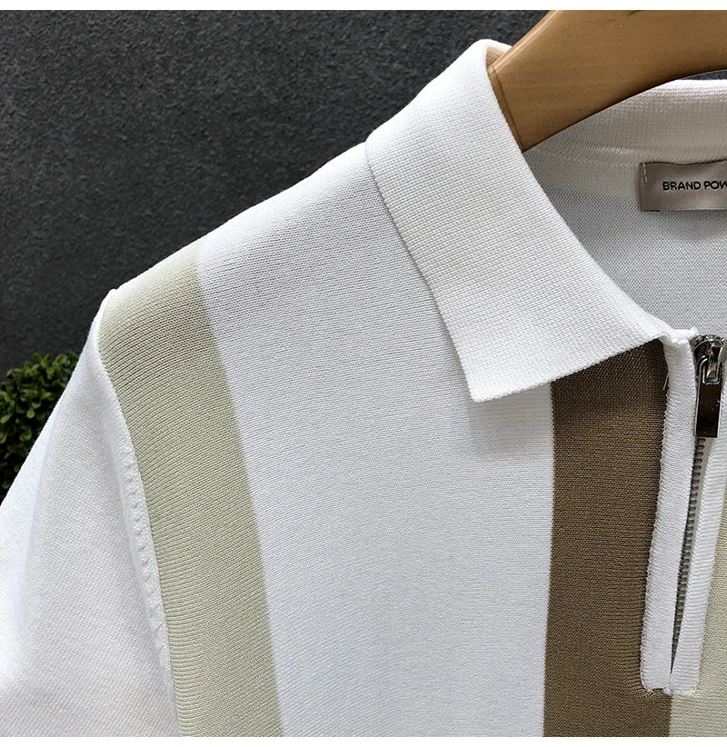 Meia zip estilo ocidental seda gelo fino suéter de manga curta para homens verão legal malha camiseta para homens camisa polo de alta qualidade