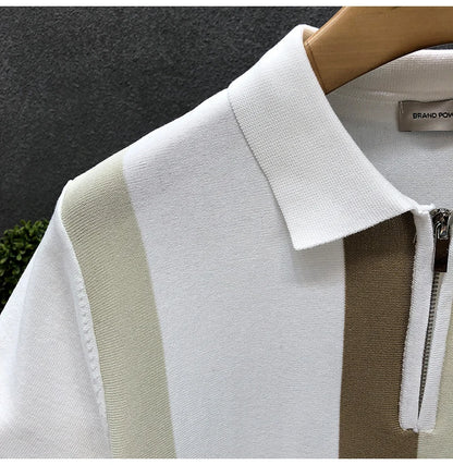 Meia zip estilo ocidental seda gelo fino suéter de manga curta para homens verão legal malha camiseta para homens camisa polo de alta qualidade