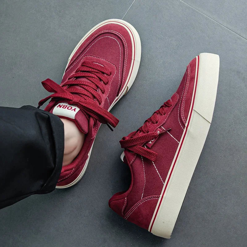 Tênis de skate masculino respirável em lona, estilo retrô, esportivo, casual, moderno, com sola plana de borracha com salto inferior a 1cm.