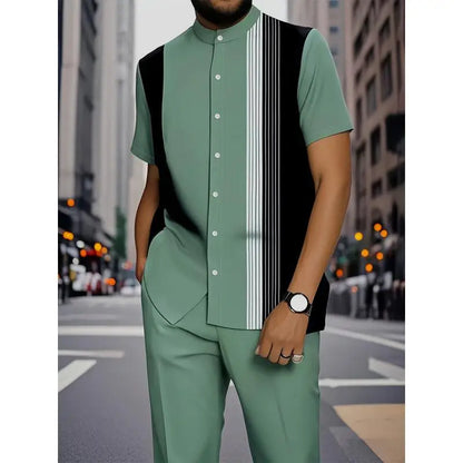 Conjunto de Camisa Listrada para Homens, Slim Fit, em Couro PU com Forro de Fleece, Colarinho Cubano, Manga Três Quartos, Estilo Cleanfit para o Verão