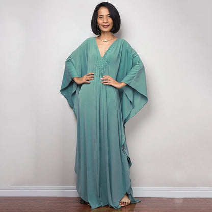Vestidos Kaftan de Praia Plus Size para Mulheres, com Decote em V e Manga Morcego, em Cores Sólidas, Roupas de Lazer