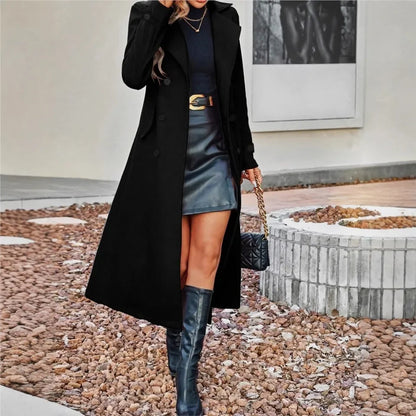 Casaco feminino elegante e versátil de lã, com abotoamento duplo, ideal para o outono e inverno. Perfeito para o escritório.