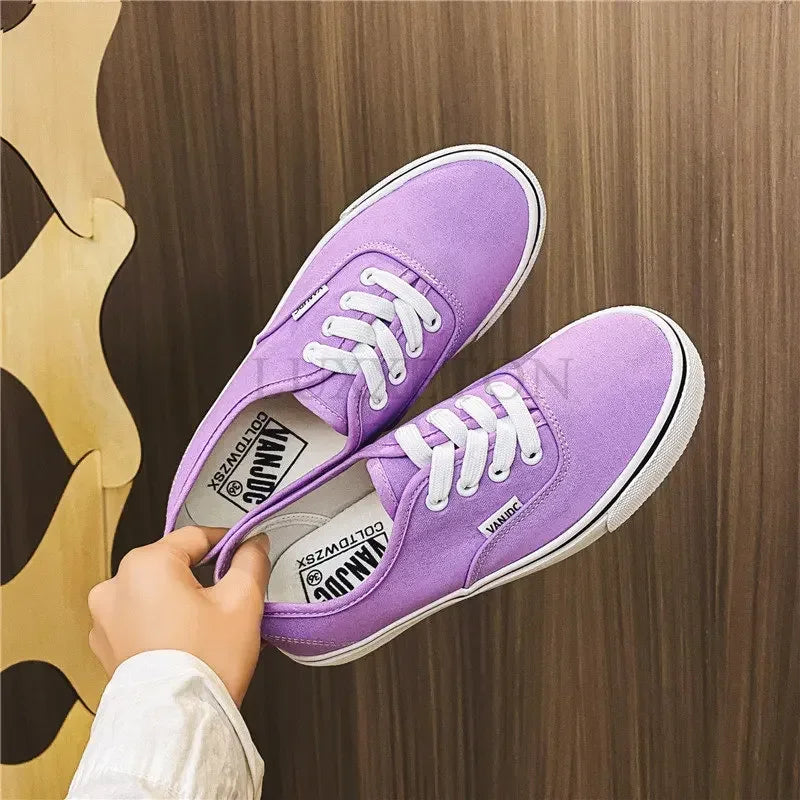 Casual apartamentos tênis de lona feminino ao ar livre cor sólida rasa sapatos esportivos tênis feminino streetwear rendas até sapatos vulcanizados